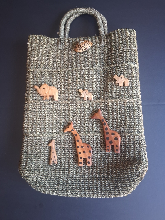 Handbags - Woven Straw Tote Bag with Wooden Animal Accents - Olive Green